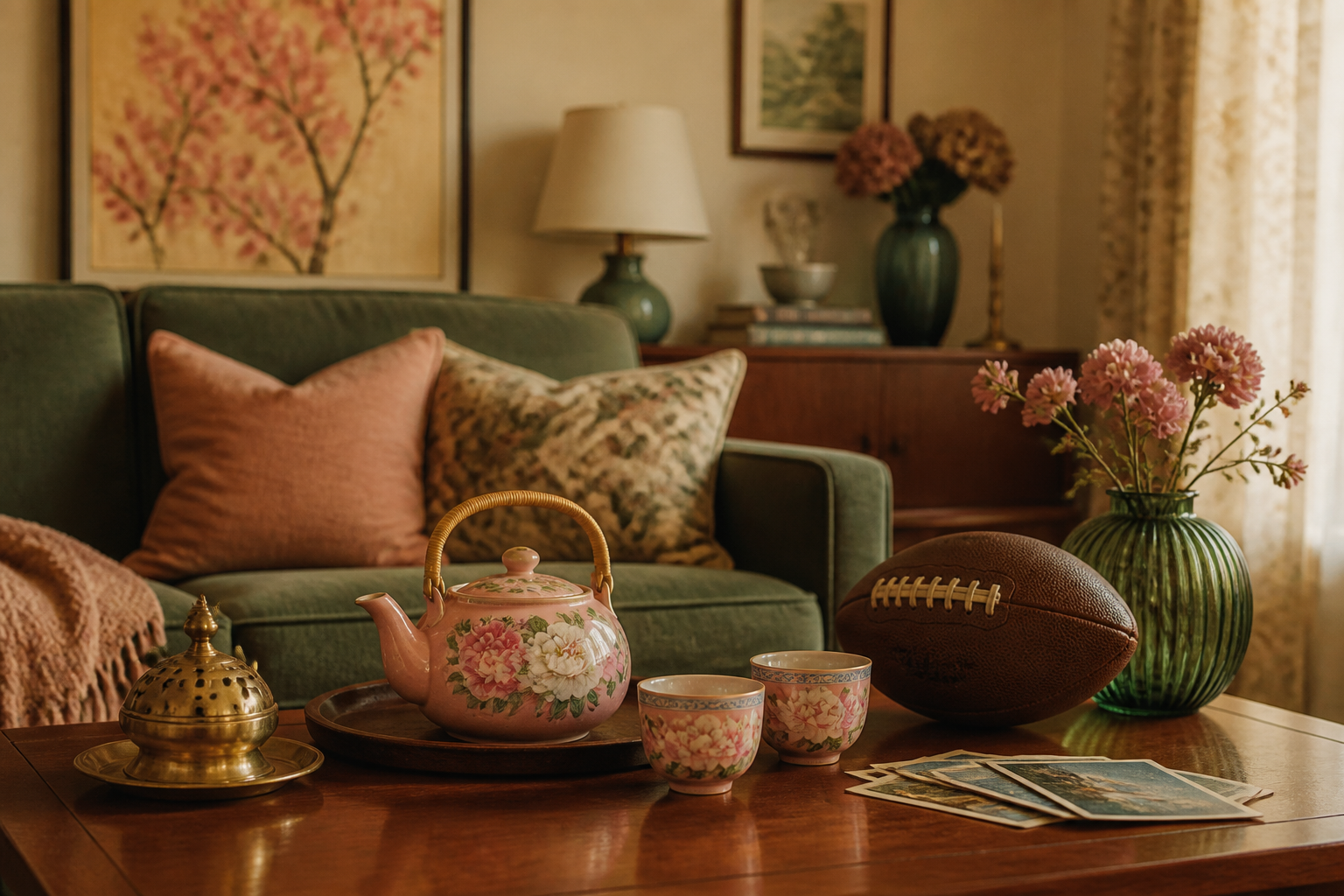A pink teapot, football, and thrifted treasures at home