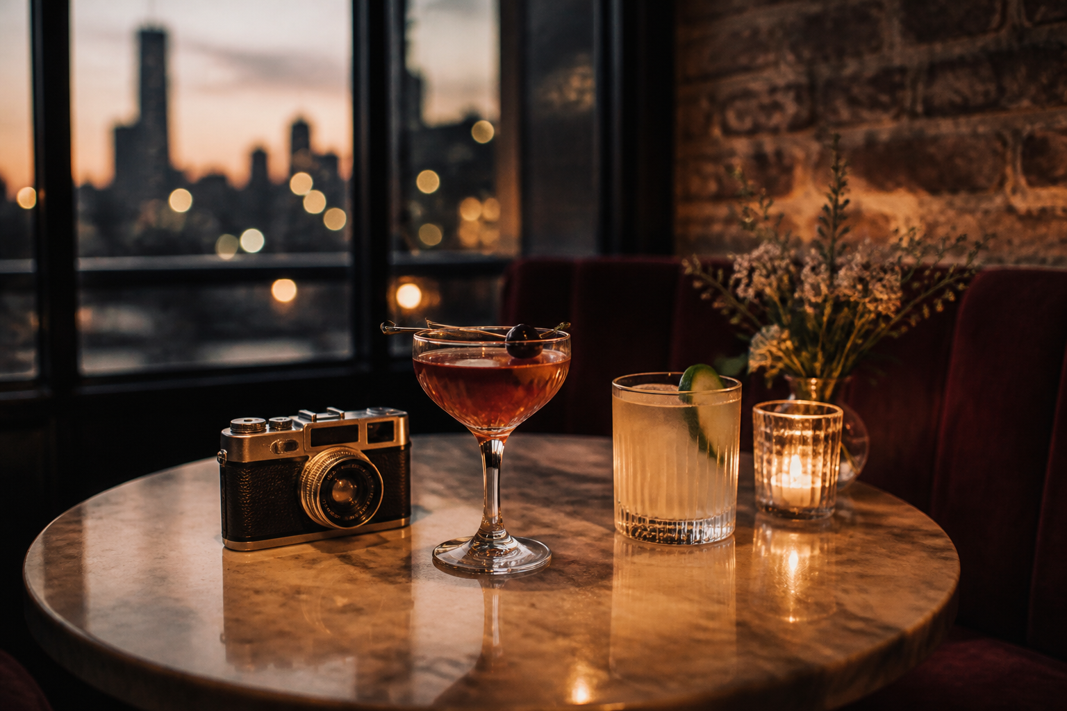 Cocktails and a vintage camera at a cozy Williamsburg bar